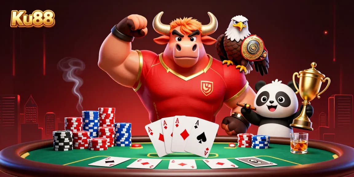 Celebrate winnings with the animated Ku88 casino scene, filled with poker excitement.