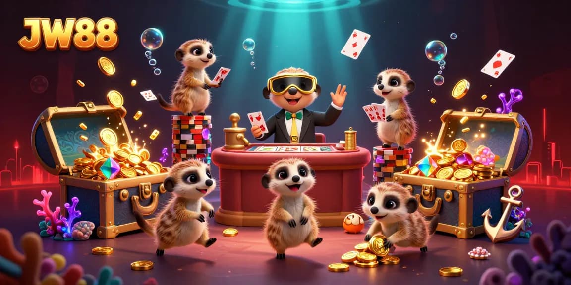 JW88 meerkats managing a lively casino scene filled with underwater treasures and playful graphics.