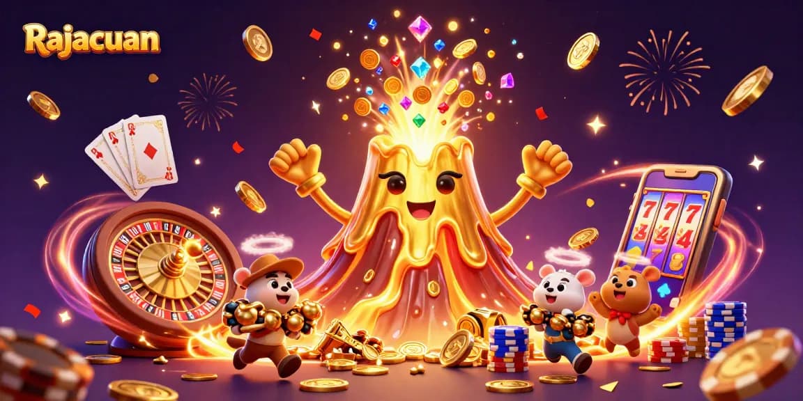 Rajacuan menawarkan pengalaman bermain yang seru dengan gambar volkanik emas yang mengeluarkan koin dan harta.