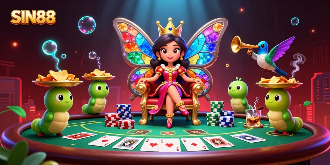 SIN88 players engaging in thrilling poker action with vivid cards, chips, and colorful characters.