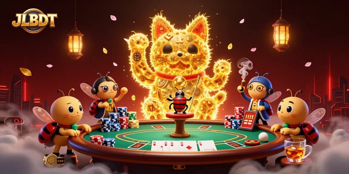 JLBDT showcases golden fireflies as a lucky cat with poker elements in a vibrant casino illustration.