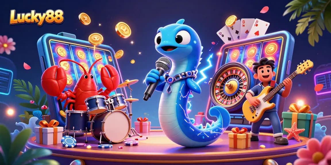 Experience Lucky88 with an electrifying DJ eel and vibrant underwater casino vibes.