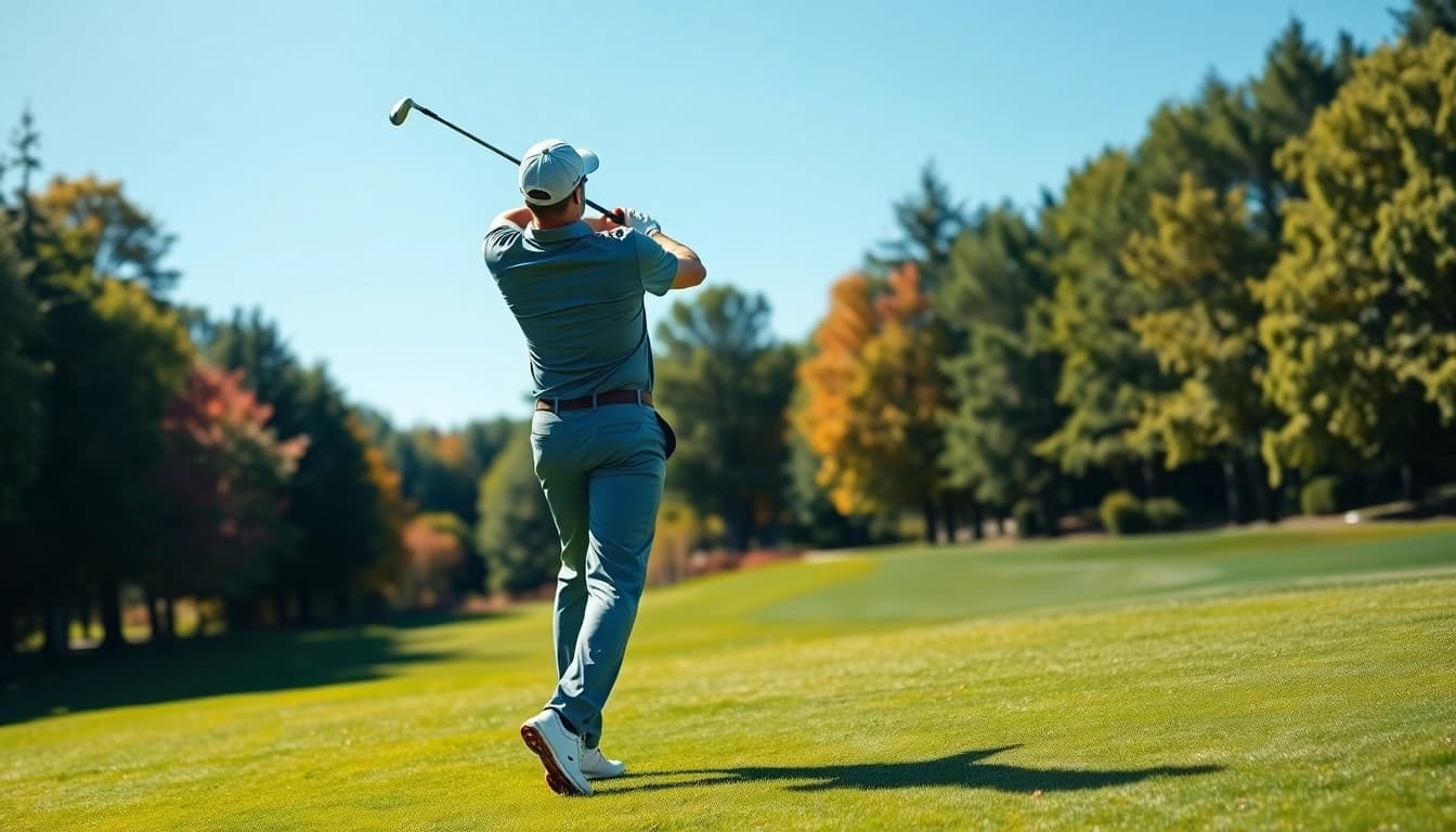 Golfing action shot of a golfer swinging on a vibrant golf course.