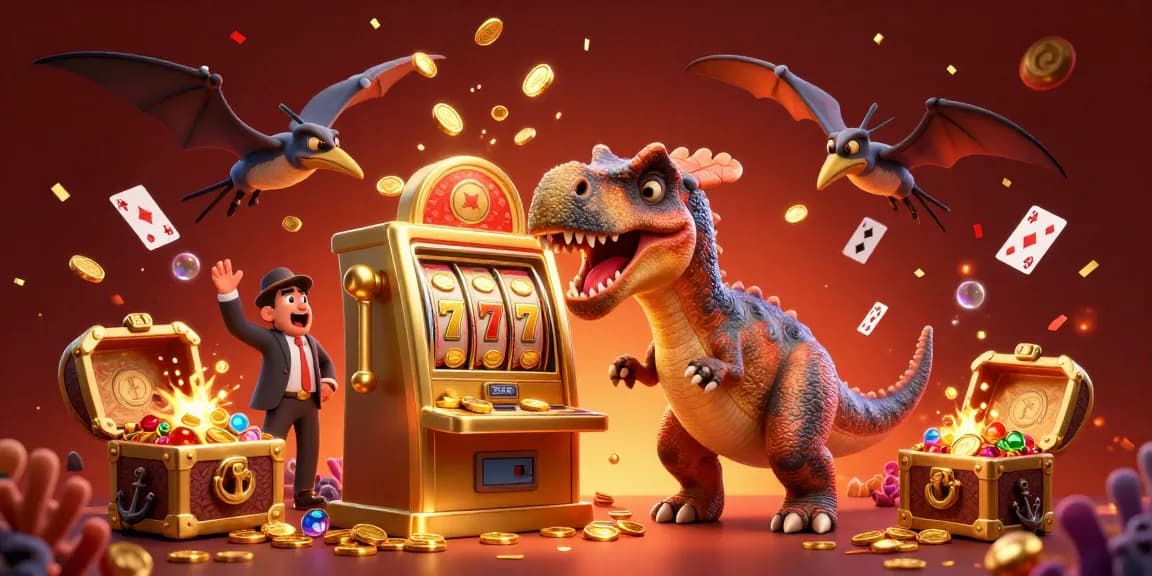 Engage in thrilling jackpot action with gavang at a vibrant casino scene featuring playful dinosaurs.