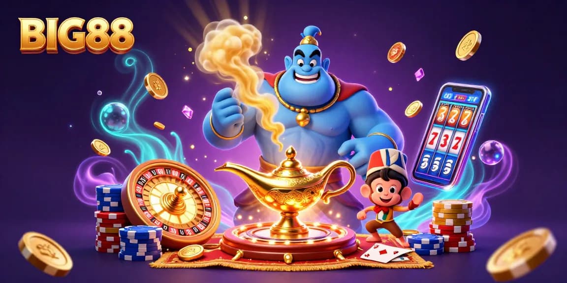Experience the magic of BIG88 with vibrant casino elements and a dynamic genie scene.