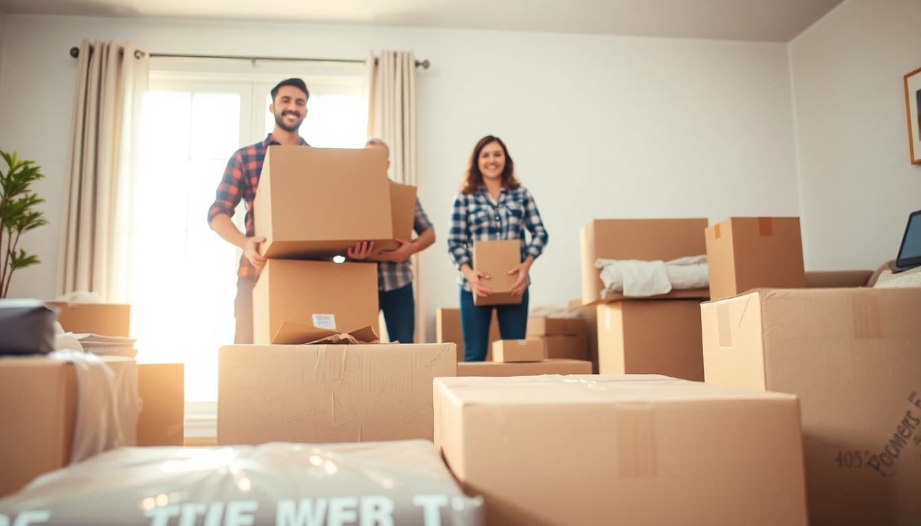 Efficient provincial moving & storage services demonstrating professional packing techniques in a cozy home.