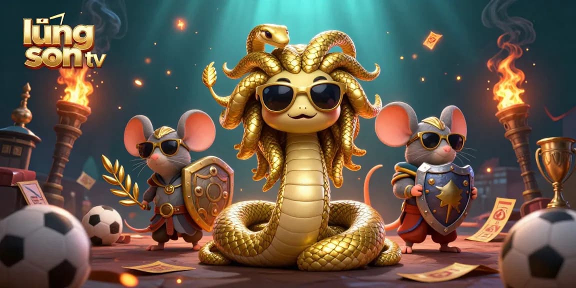 Lương Sơn TV offers an action-packed gaming experience with a friendly snake-lady and a warrior mouse in an exciting sports betting scene.
