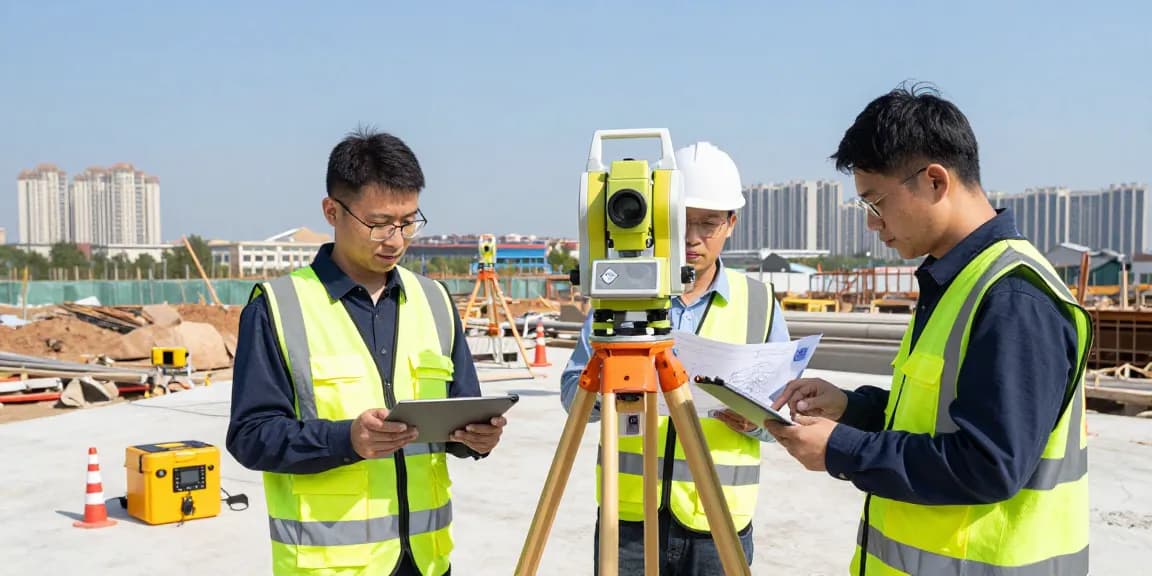 Surveyors as we all surveys team using advanced equipment on a construction site
