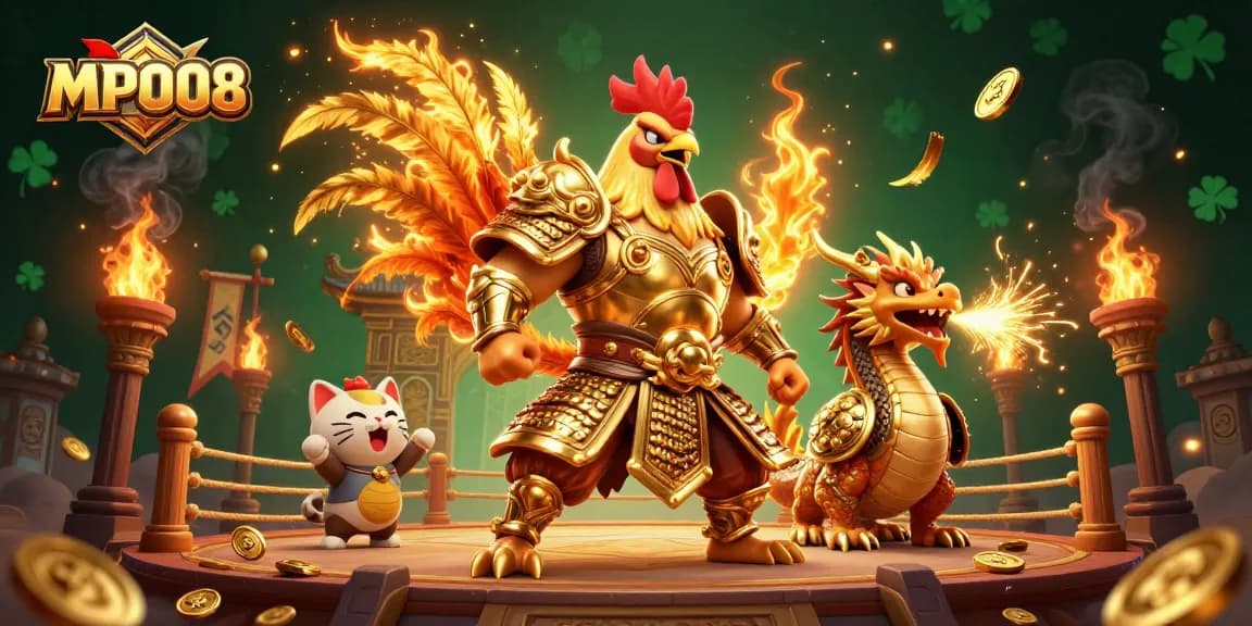 MPO08 showcases a fighting rooster alongside a dragon, symbolizing thrilling online slot action.