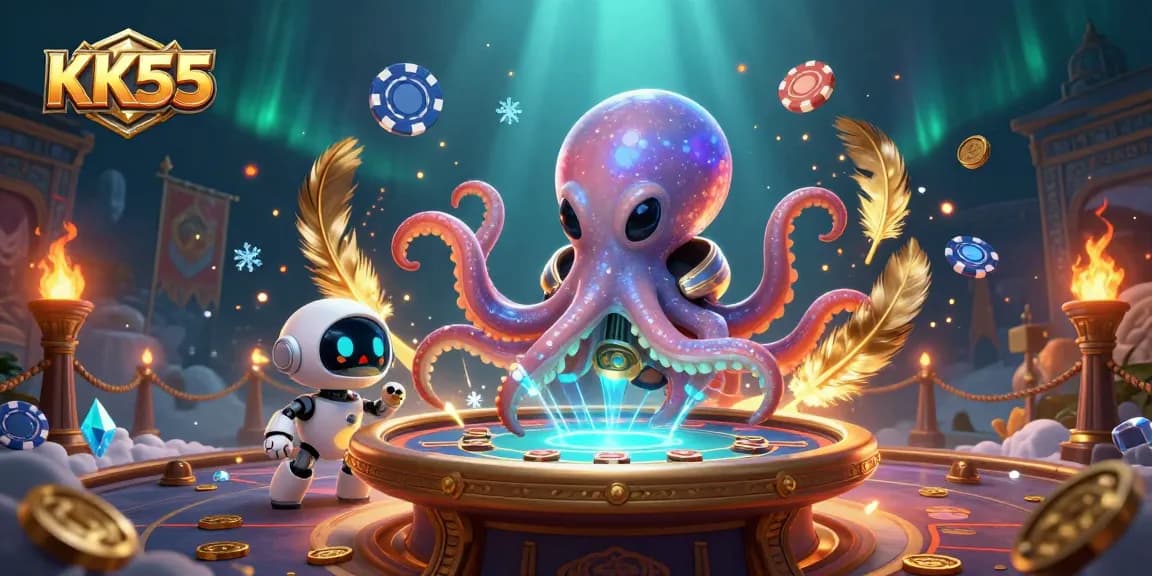 Play exciting poker games at KK55 with a vibrant 3D illustration featuring a whimsical alien octopus and casino elements.