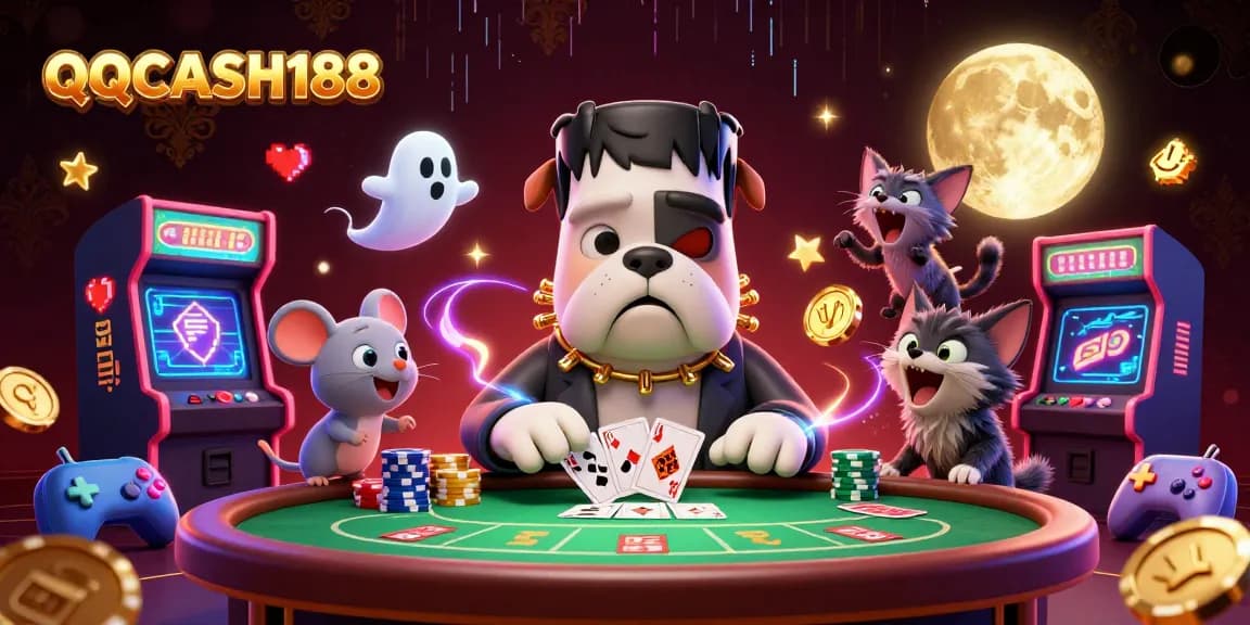 Join the action at QQCASH188 with a Frankenstein bulldog and a ghost mouse at a lively poker table.
