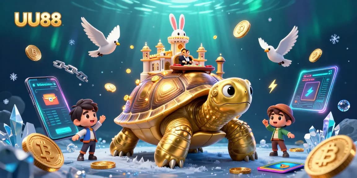 Experience thrilling gaming at UU88 with vibrant 3D characters and crypto elements illuminating the scene.