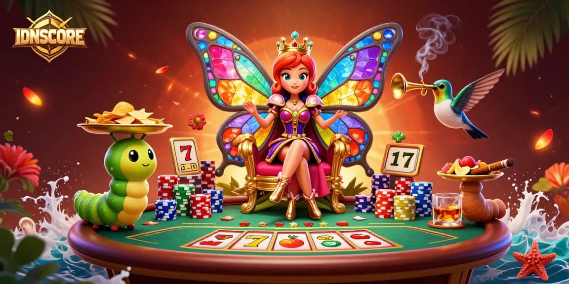 IDNSCORE casino scene with vibrant butterfly queen, colorful slot reels, and dynamic poker elements.