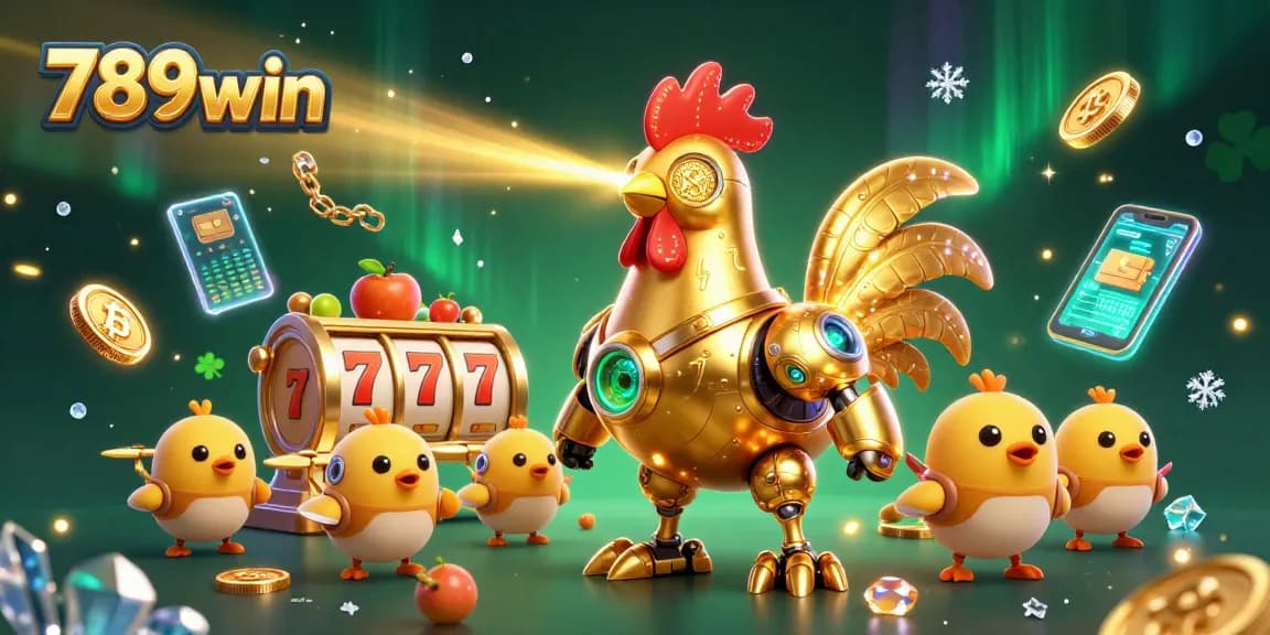 Engage with dynamic 789win gameplay featuring a golden rooster robot and vibrant crypto elements.