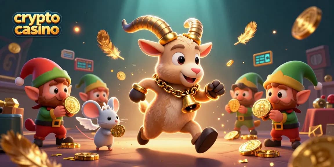 Casino cripto con un krampus divertido y un ratón angelical controlando el desorden de juegos.