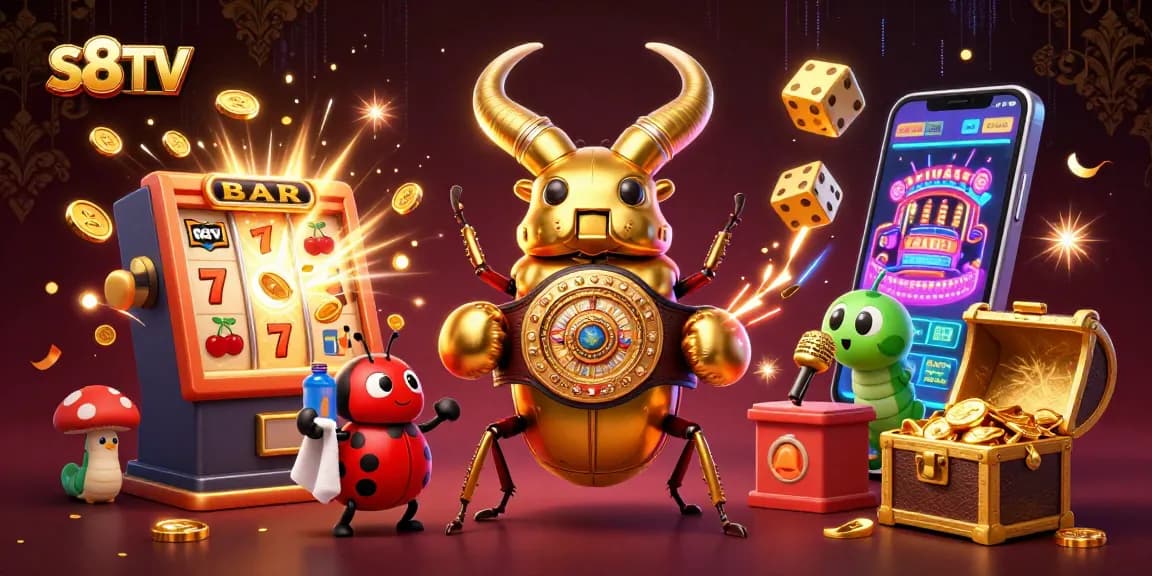 S8TV showcases a vibrant scene with golden beetle champion and ladybug corner-man amid casino action.