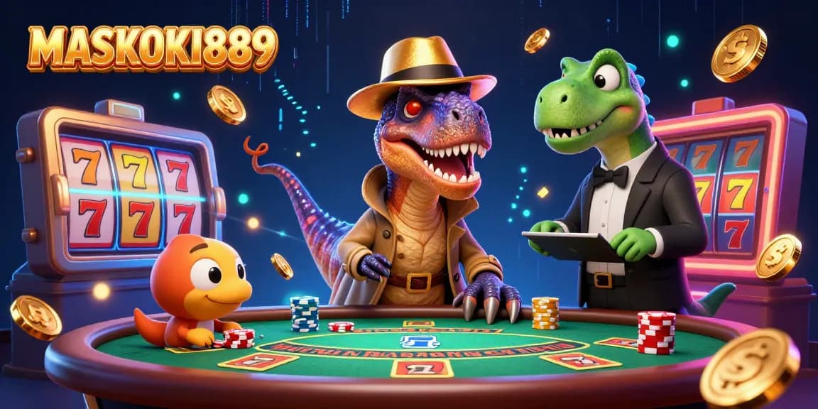 Engage in thrilling gameplay at MASKOKI889 with a cartoon velociraptor at a blackjack table.