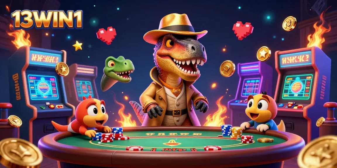 Engage with thrilling gameplay at 13WIN1 with a lively casino scene featuring cartoon characters.