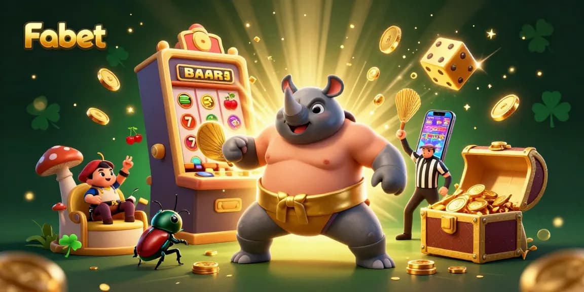 Fabet showcases a thrilling scene with a rhinoceros beetle champion and a jackpot explosion in a vibrant casino atmosphere.