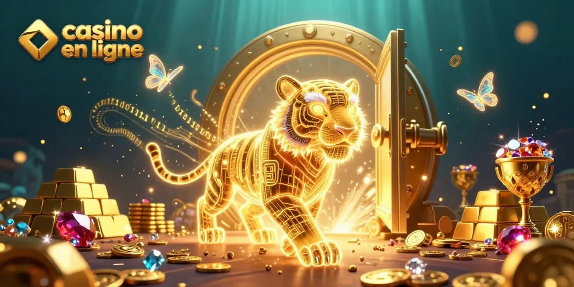 Scène dynamique de casino en ligne avec un tigre en lumière, joyaux et trésors éblouissants.