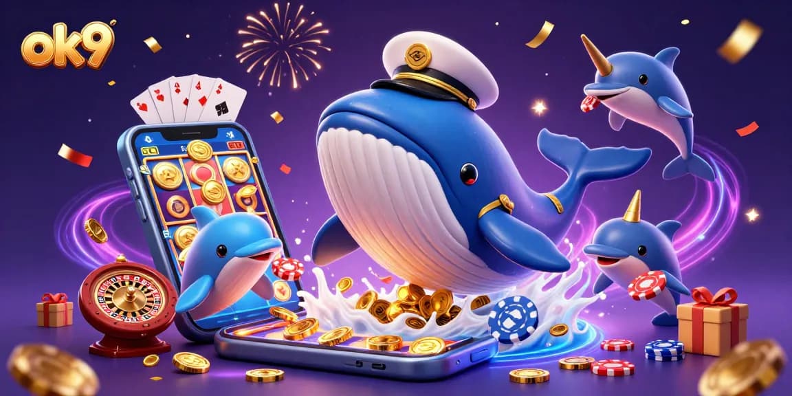 Experience the excitement of ok9 with a vibrant 3D illustration showcasing playful characters amid casino elements.