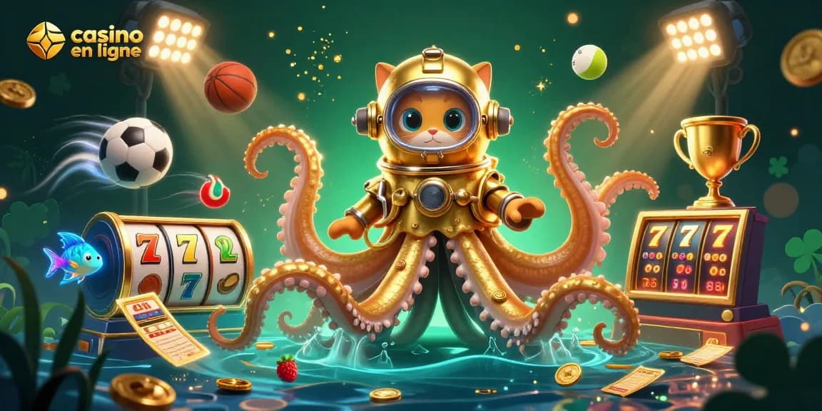 Plongez dans l'univers du casino en ligne avec un kraken et un chat plongeur, autour d'éléments de jeux d'argent.