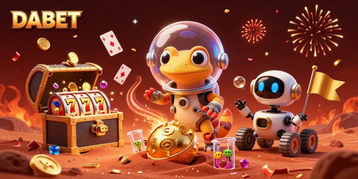 DABET players discover a golden casino in a vibrant Martian landscape, amid cheers and treasures.