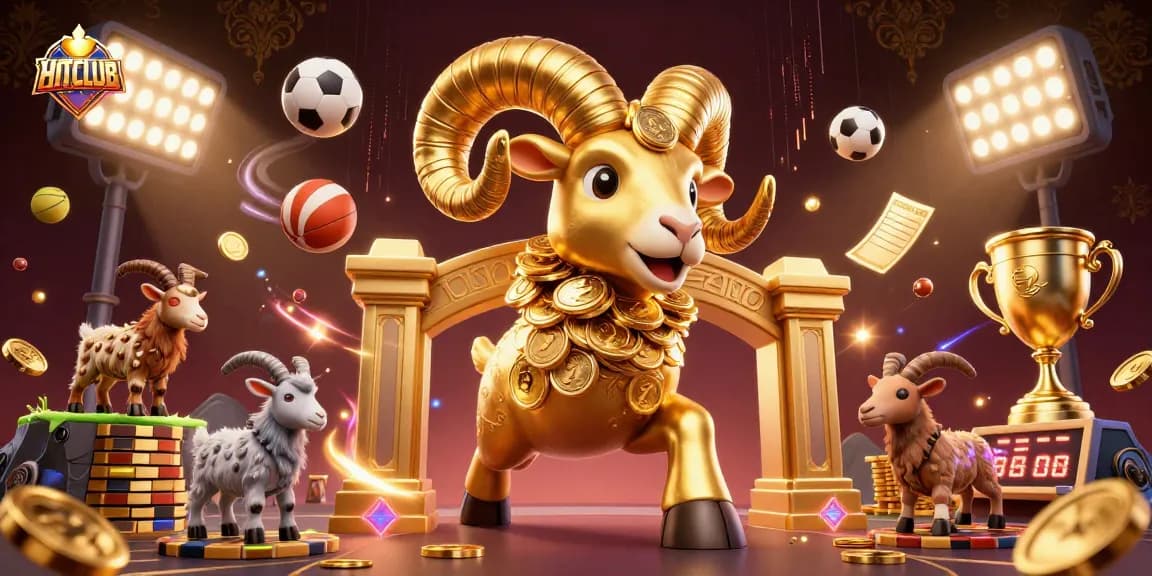 Experience HITCLUB with a dynamic scene of a golden ram, sports elements, and engaging energy.