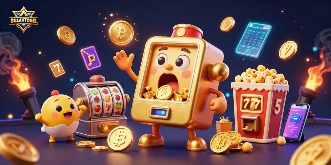 BULANTOGEL jackpot celebration with a golden slot machine showering coins, crypto elements, and festive atmosphere.