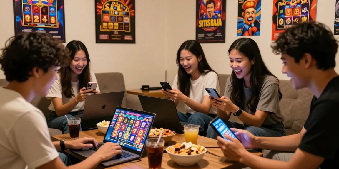 Situs Raja gaming scene with friends enjoying fun slot games together