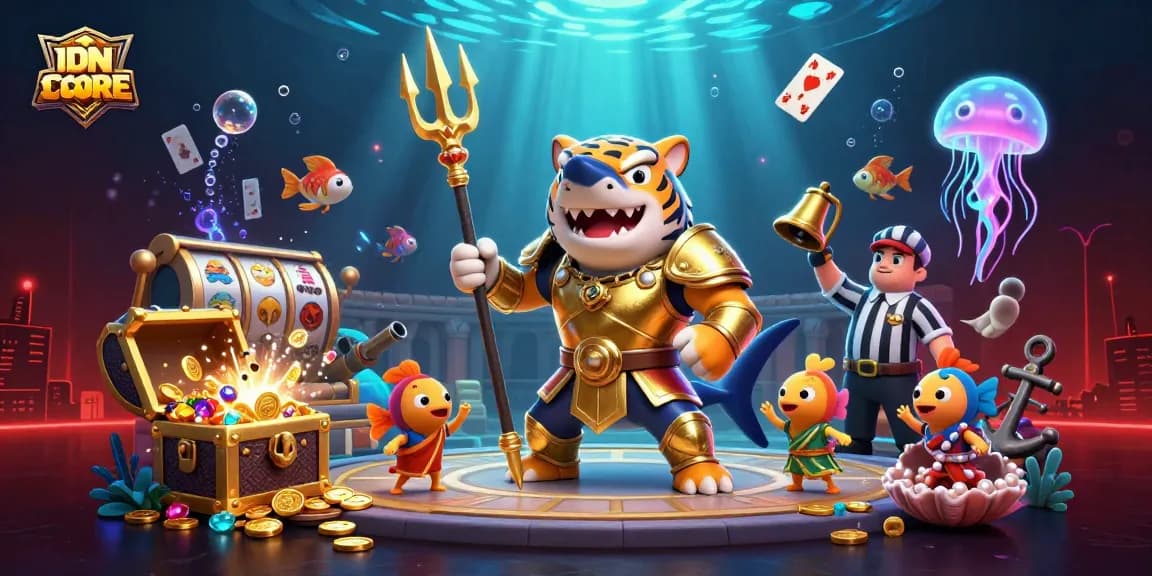 Experience thrilling gameplay at IDNSCORE with a fierce underwater scene featuring a tiger shark and exciting slot games.