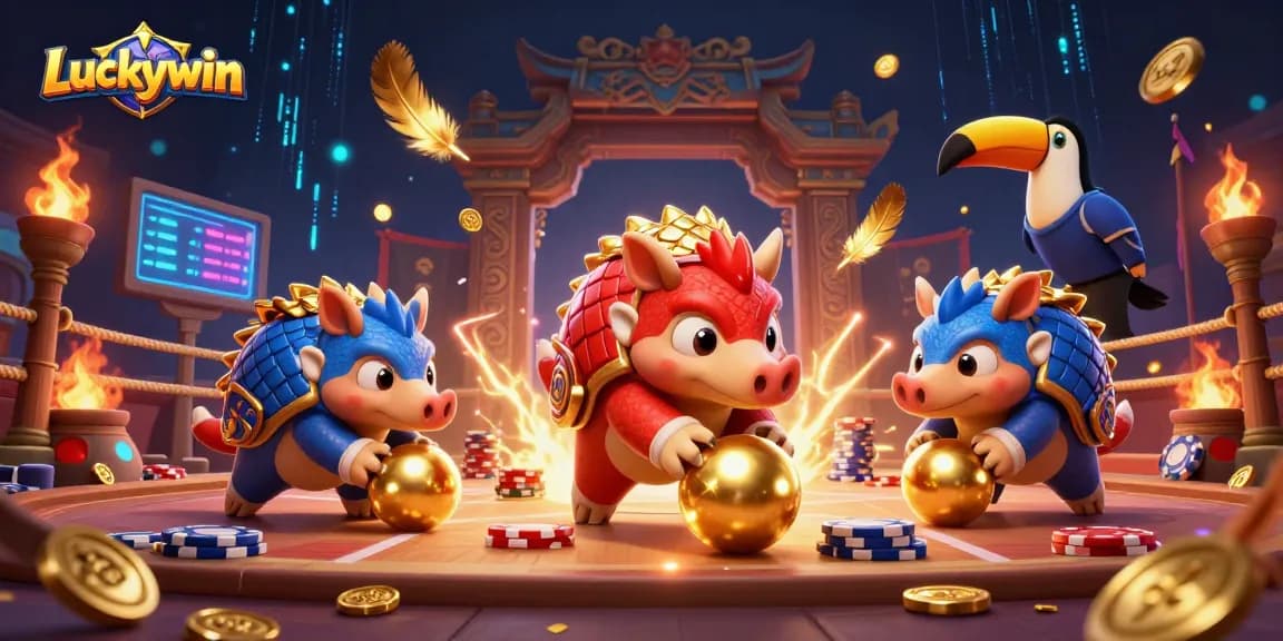 Experience thrilling gameplay at Luckywin with cartoon pangolins bowling through poker chips in a vibrant casino setting.