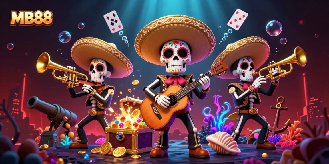 Engage with the vibrant world of MB88 featuring joyful mariachi band characters celebrating amidst casino treasures.