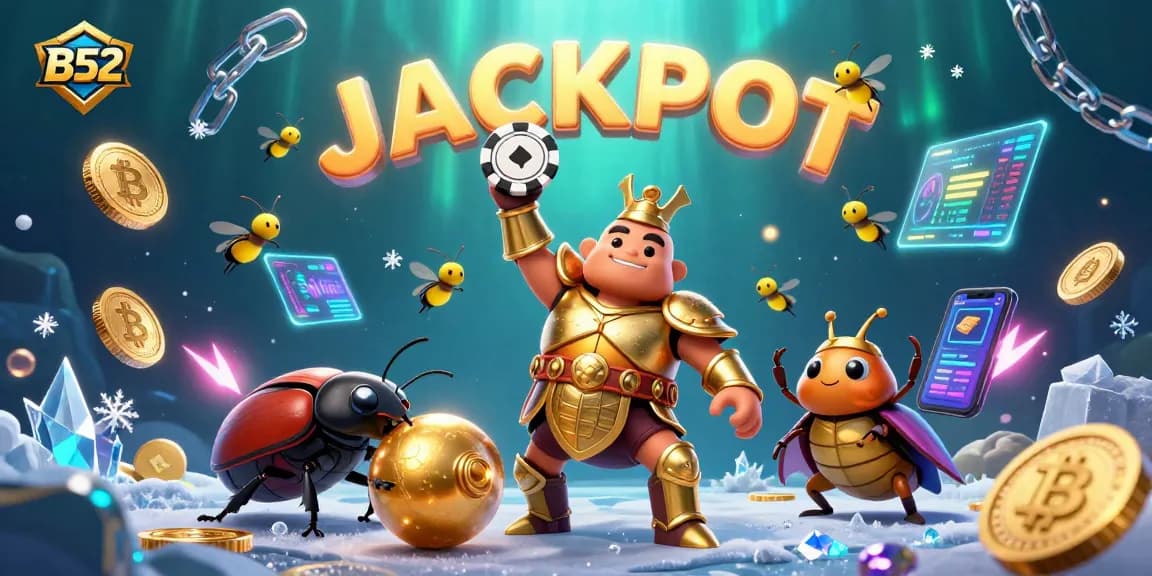 Win big at B52 with a victorious beetle championing poker amid rich casino graphics.