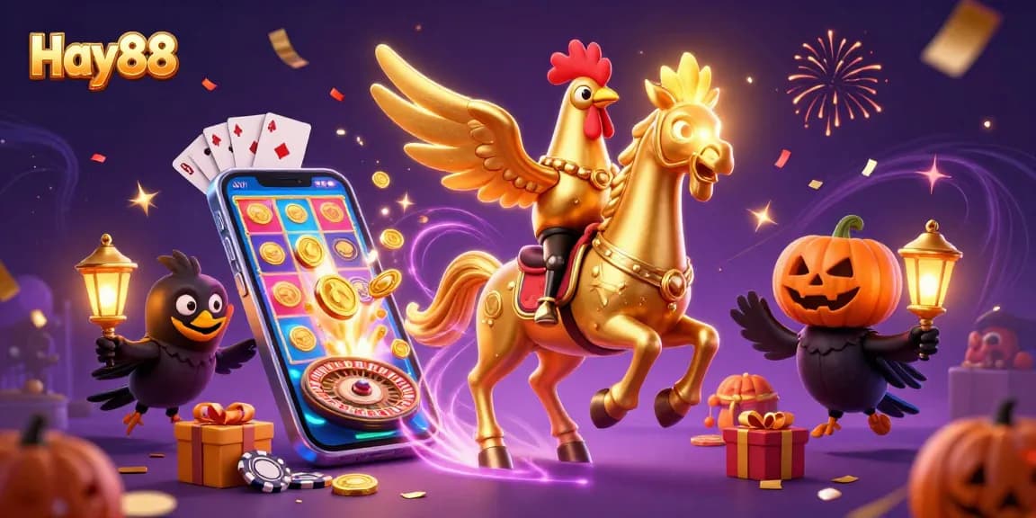 Experience Hay88's vibrant casino action with a golden rooster and friends in a dazzling 3D scene.