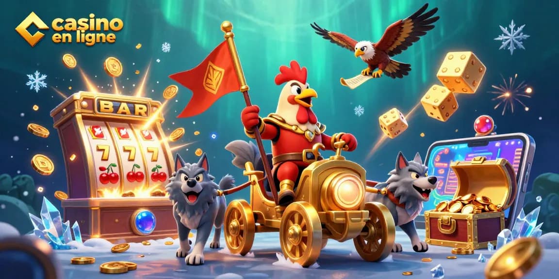 Visualisation animée de "casino en ligne" avec un coq guerrier, machines à sous et lumières éclatantes