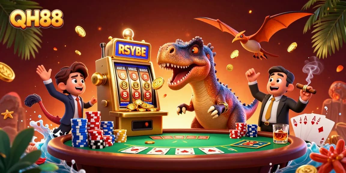 QH88 casino scene showing a dinosaur winning jackpots, with dynamic casino elements.