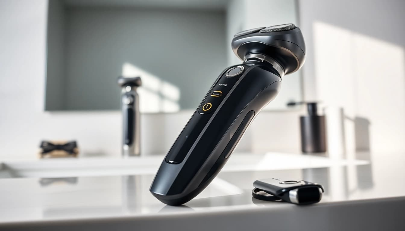 Showcase of an electric shaver for men on a bathroom countertop, highlighting its sleek design.