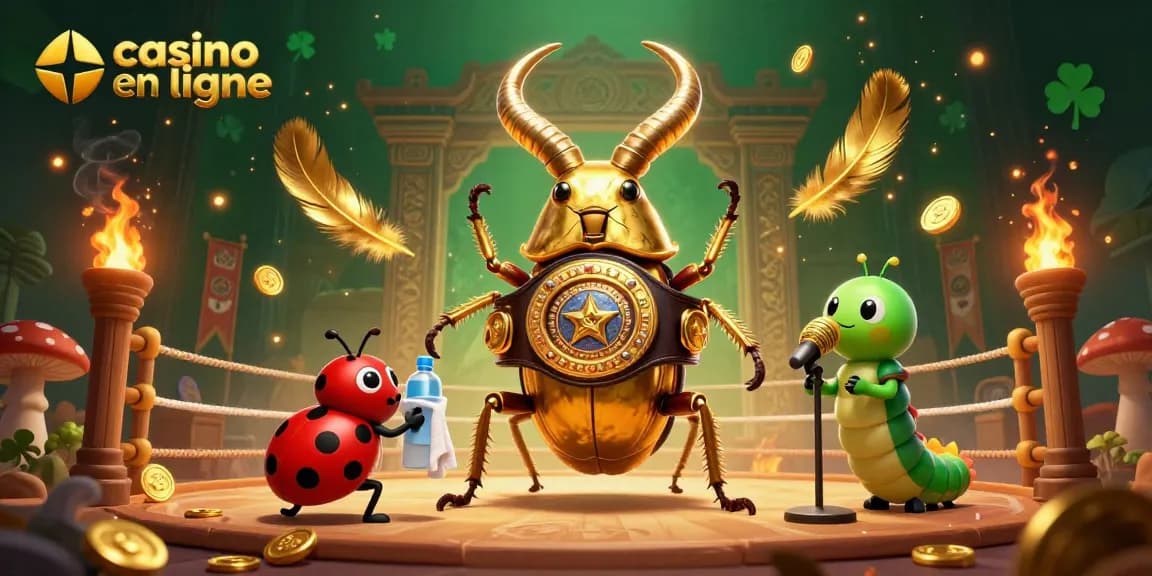 Venez tenter votre chance dans notre casino en ligne, où un scarabée doré se prépare à combattre sur un ring de jeu !