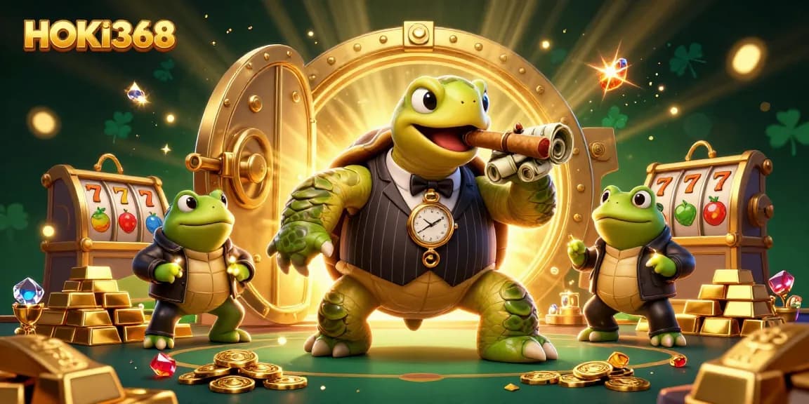 Engage with HOKI368 in a vibrant casino scene featuring a turtle mobster and bullfrog enforcers.