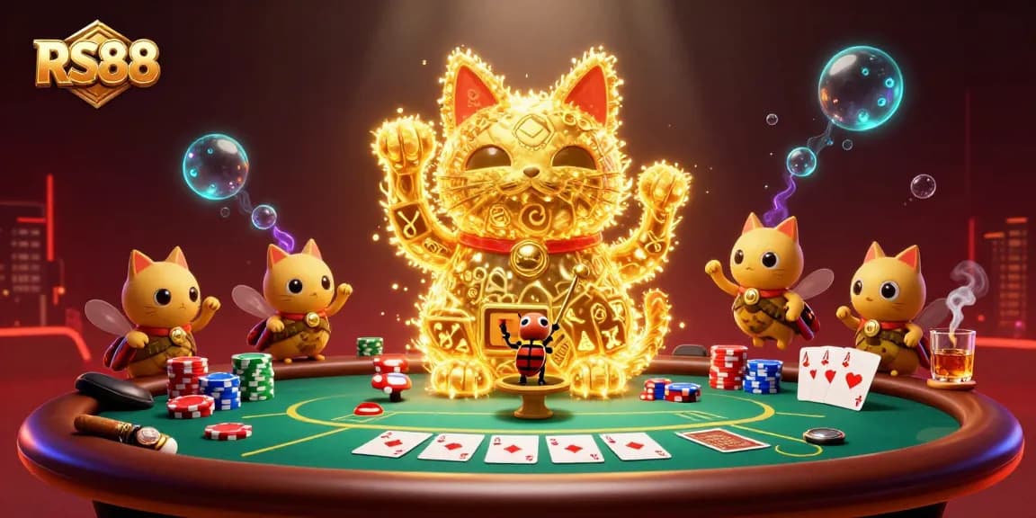 Experience the vibrant world of RS88 with a dynamic design of a lucky cat and casino symbols.