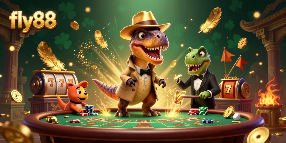 Experience thrilling action at fly88 with a velociraptor at a blackjack table surrounded by vibrant casino elements.