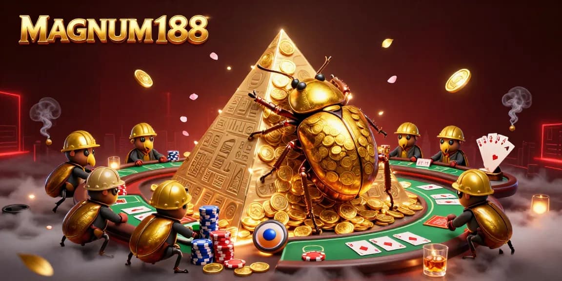 Watch MAGNUM188's golden beetle roll coins in a vibrant casino scene.