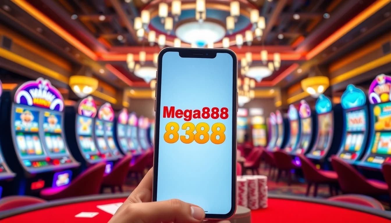 Masukkan Mega888 APK di telefon pintar di tengah suasana kasino yang meriah.
