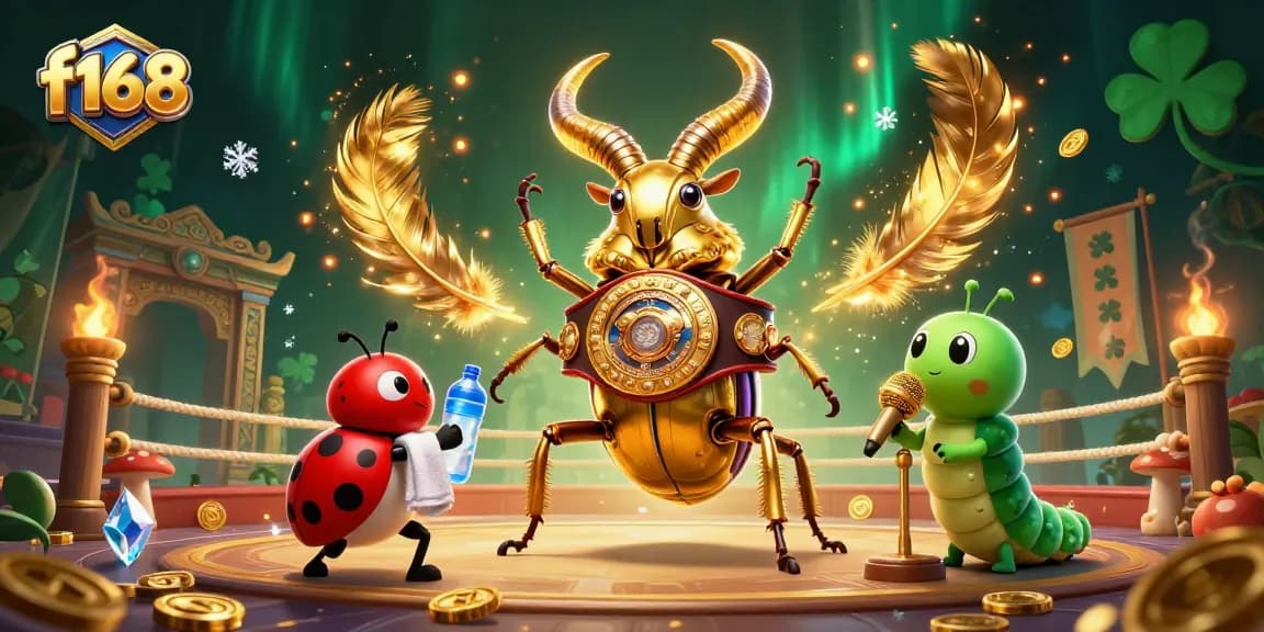 Bet on the f168 3D golden stag beetle boxing illustration showcasing vibrant casino elements.