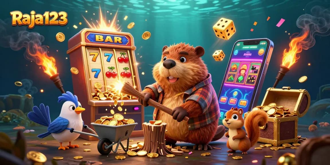 Experience the excitement of Raja123 with a vibrant 3D casino scene featuring animated characters and jackpot elements.
