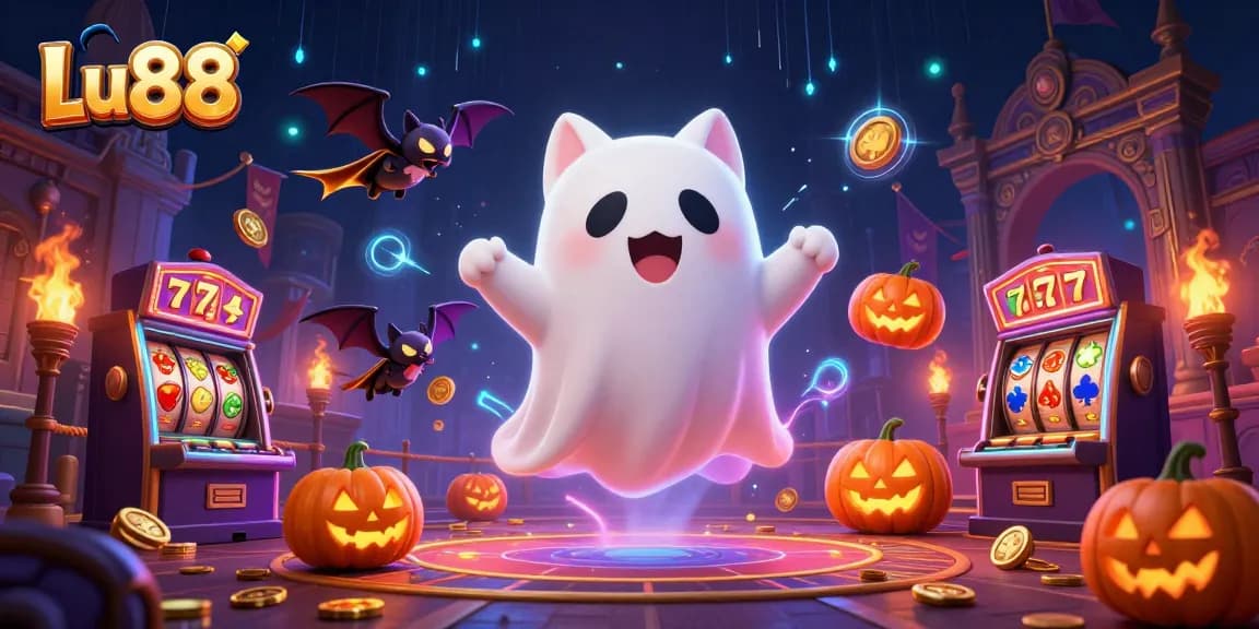 Engaging Lu88 casino scene with a ghost cat, bat, and glowing jack-o-lanterns.