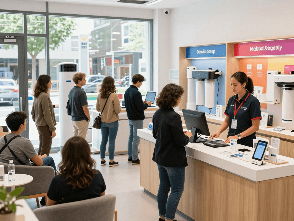 Shoppers exploring air and water filtration products at https://www.ebbfilter.com/shop, highlighting a modern retail experience.