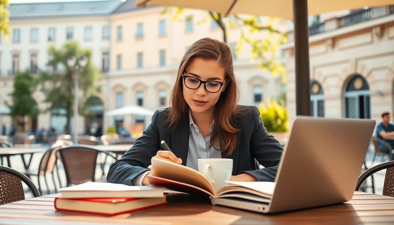 Jura lernen - Engagierter Jurastudent, der in einem sonnigen Café lernt.