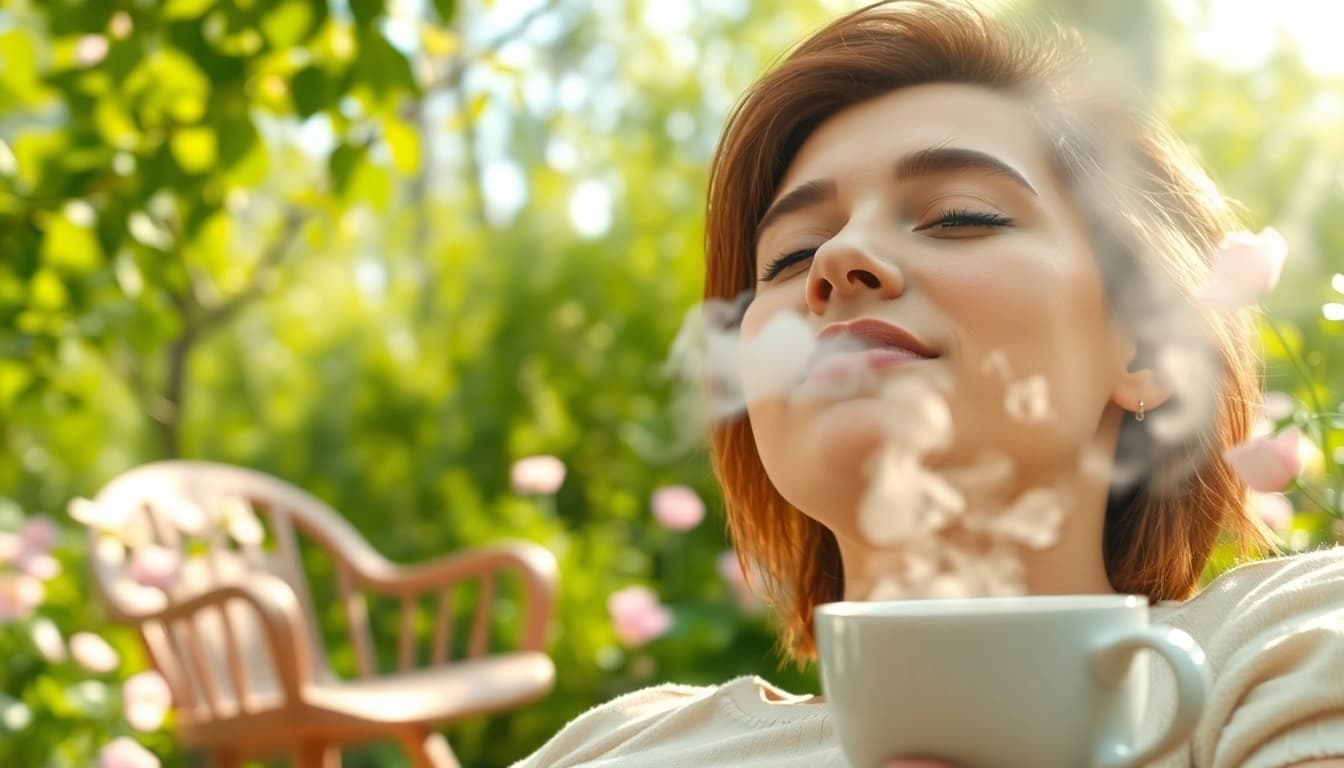 Vaping without nicotine for anxiety in a peaceful garden setting showcasing relaxation and tranquility.